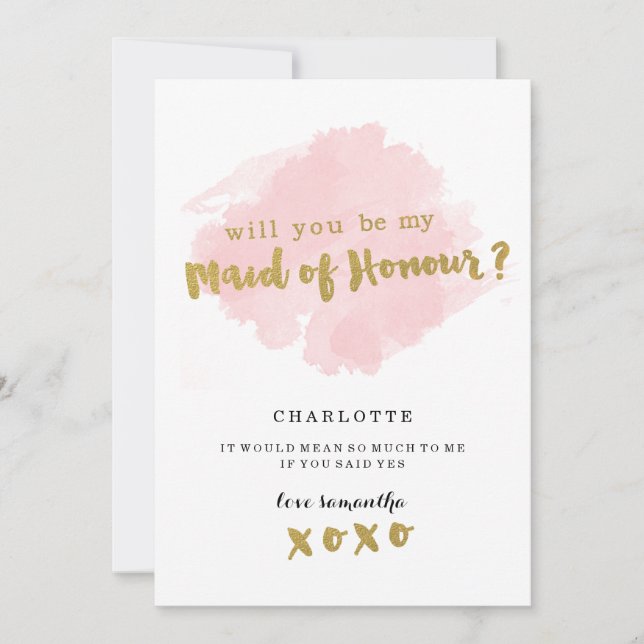 Gold and Blush Will You Be My Maid of Honor? Invitation (Front)