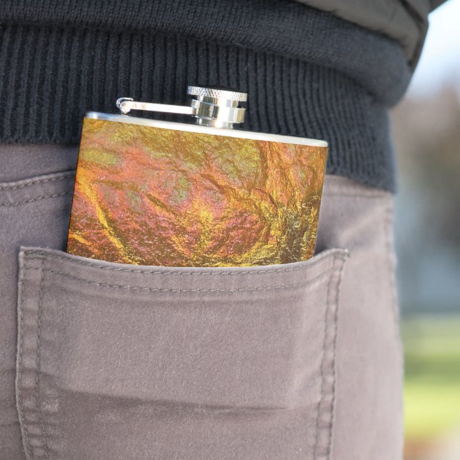 Gold and brass plated texture with a crinkle patte hip flask (In Situ)