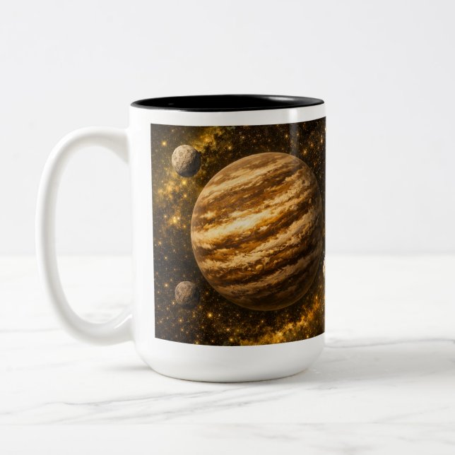 Gold and Brown Planet with Three Moons Two-Tone Coffee Mug (Left)