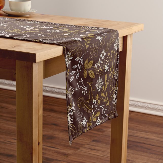 Gold and Brown Taika Folk Art Short Table Runner (In Situ)
