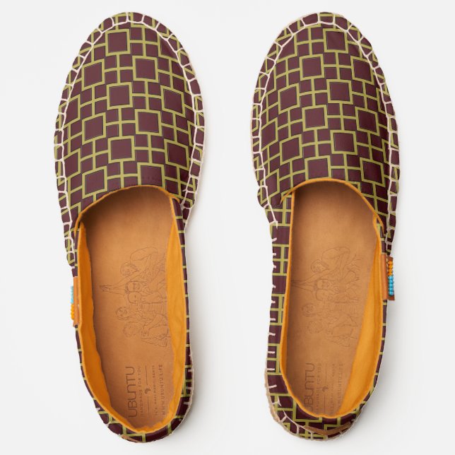 Gold and Burgundy Contemporary Squares Pattern Espadrilles (Front)