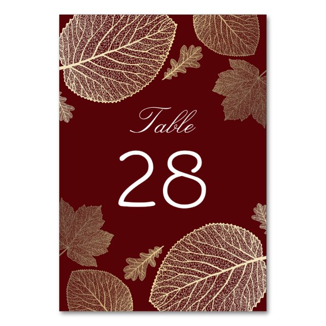 Gold and Burgundy Fall Leaves Wedding Table Number (Front)