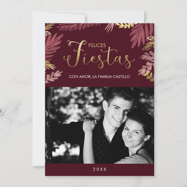 Gold and Burgundy Felices Fiestas Holiday Card (Front)