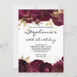 Gold and Burgundy Floral Borders 60th Birthday Invitation