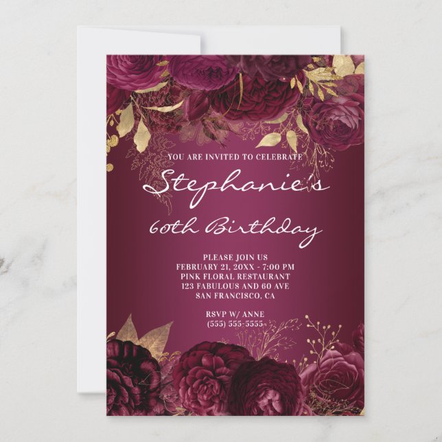 Gold and Burgundy Floral Ombre 60th Birthday Invitation (Front)