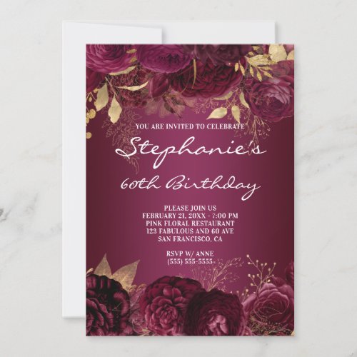 Gold and Burgundy Floral Ombre 60th Birthday Invitation