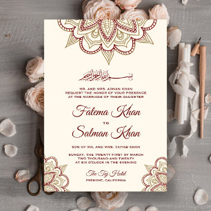 Gold and Burgundy Henna Mehndi Islamic Wedding Invitation