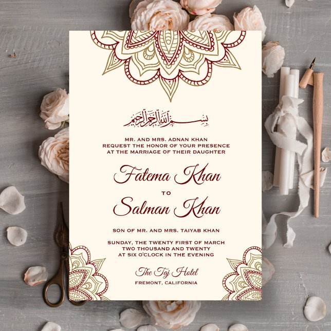 Gold and Burgundy Henna Mehndi Islamic Wedding Invitation (Creator Uploaded)