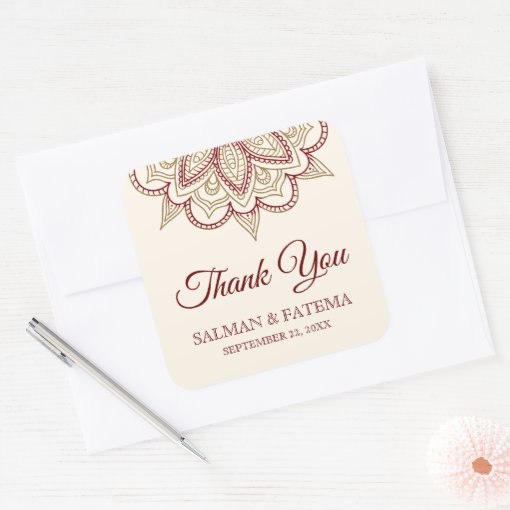 Gold and Burgundy Henna Mehndi Wedding Thank You Square Sticker | Zazzle