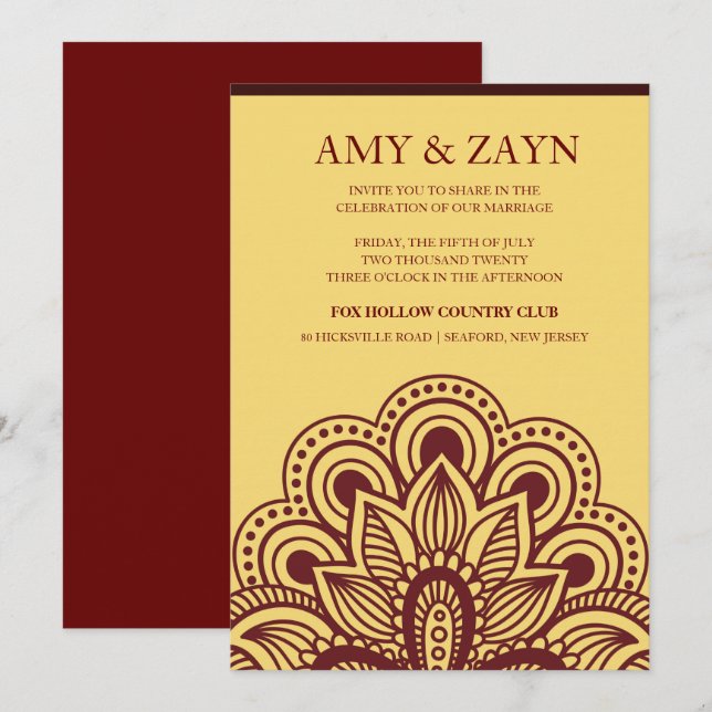 Gold and Burgundy Indian Wedding Invitation (Front/Back)