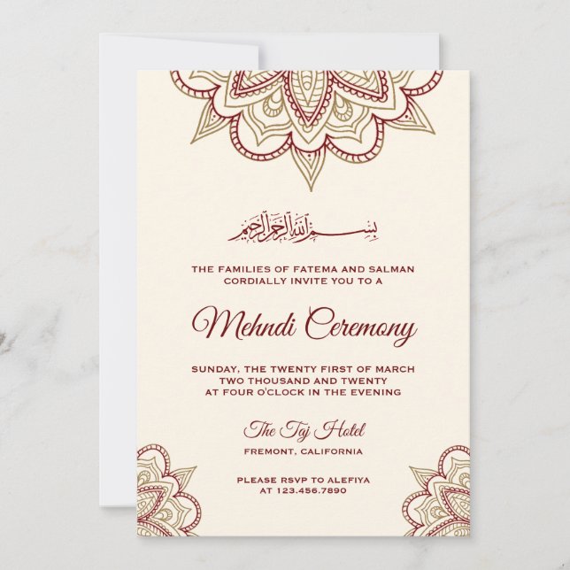Gold and Burgundy Islamic Muslim Mehndi Ceremony Invitation (Front)