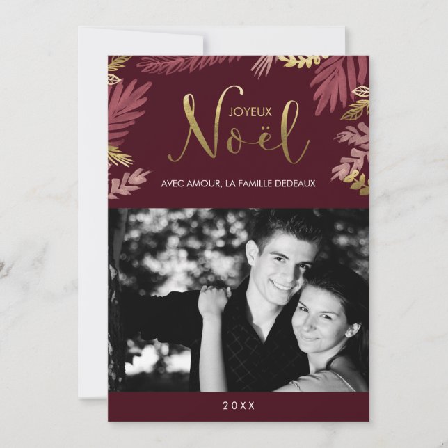 Gold and Burgundy Leaves Joyeux Noël Photo Holiday Card (Front)