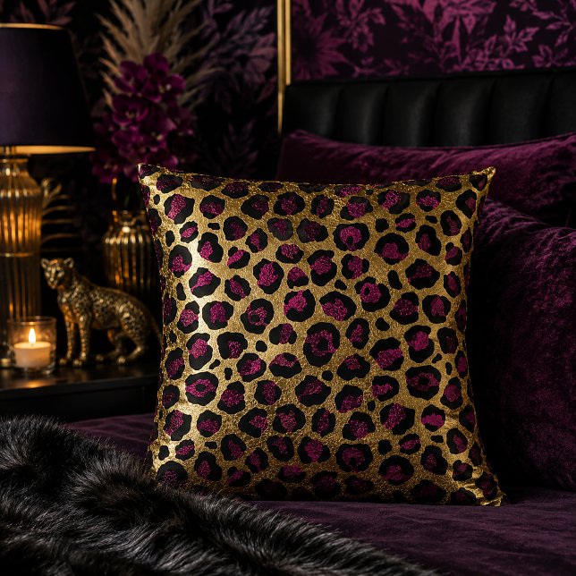Gold and Burgundy Leopard Print Animal Pattern Throw Pillow (Creator Uploaded)