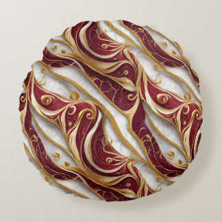 Gold and Burgundy Marble Flow Round Pillow