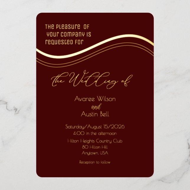 Gold and Burgundy Minimalist Wedding Invitation Foil Invitation (Front)