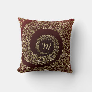 Gold and Burgundy Monogram Decorative Throw Pillow