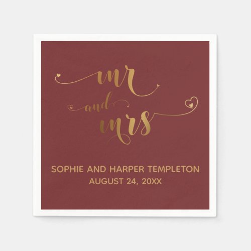 Gold and Burgundy Mr and Mrs Calligraphy w Hearts Napkins