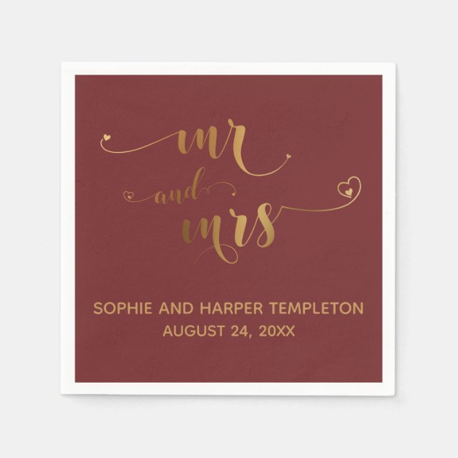 Gold and Burgundy Mr and Mrs Calligraphy w Hearts Napkins (Front)