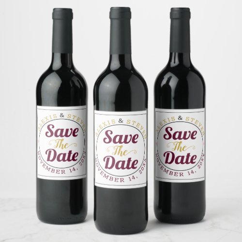 Gold and burgundy pink hearts Save the Date Wine Label