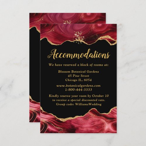 Gold and Burgundy Red Agate Wedding Accommodations Enclosure Card
