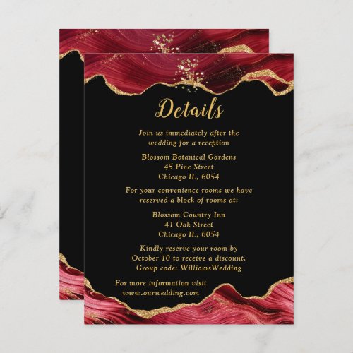 Gold and Burgundy Red Agate Wedding Details Enclosure Card