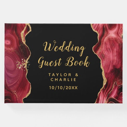 Gold and Burgundy Red Agate Wedding Guest Book