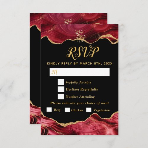 Gold and Burgundy Red Agate Wedding Meal Choice RSVP Card