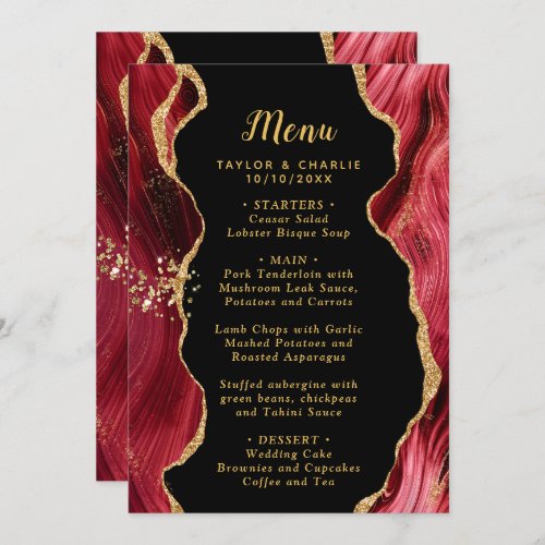 Gold and Burgundy Red Agate Wedding Menu