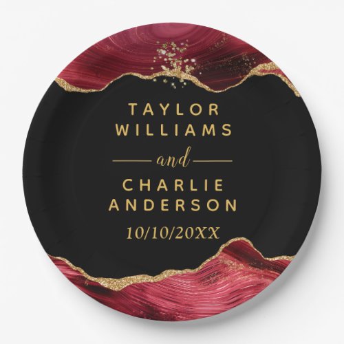 Gold and Burgundy Red Agate Wedding Paper Plates