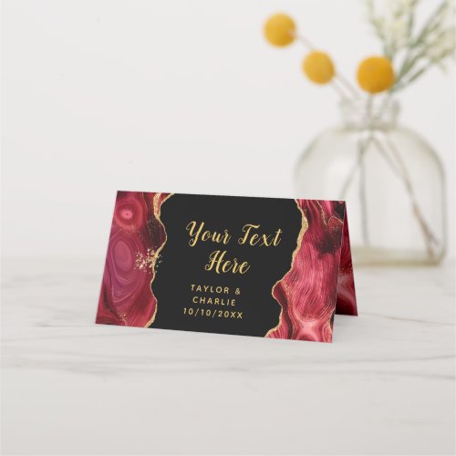 Gold and Burgundy Red Agate Wedding Place Card