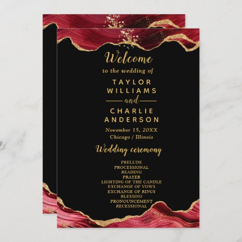 Gold and Burgundy Red Agate Wedding Program