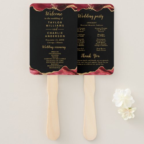 Gold and Burgundy Red Agate Wedding Program Hand Fan