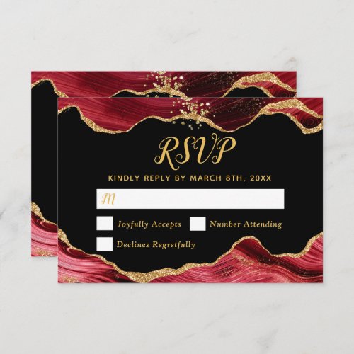 Gold and Burgundy Red Agate Wedding RSVP Card