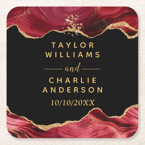 Gold and Burgundy Red Agate Wedding Square Paper Coaster