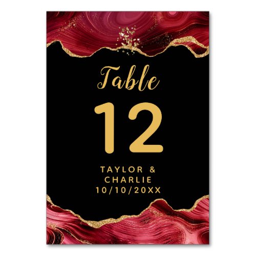 Gold and Burgundy Red Agate Wedding Table Number