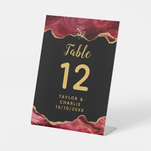 Gold and Burgundy Red Agate Wedding Table Number Pedestal Sign