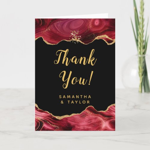 Gold and Burgundy Red Agate Wedding Thank You Card