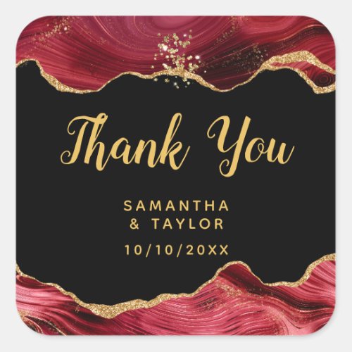 Gold and Burgundy Red Agate Wedding Thank You Square Sticker