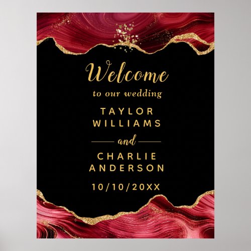Gold and Burgundy Red Agate Wedding Welcome Poster