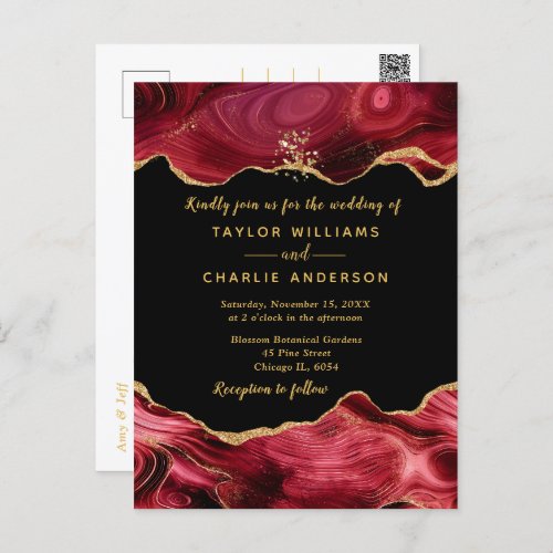 Gold and Burgundy Red Faux Glitter Agate Wedding Postcard