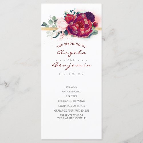 Gold and Burgundy Red Floral Wedding Programs