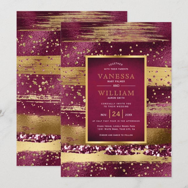 Gold and burgundy strokes and confetti wedding invitation (Front/Back)