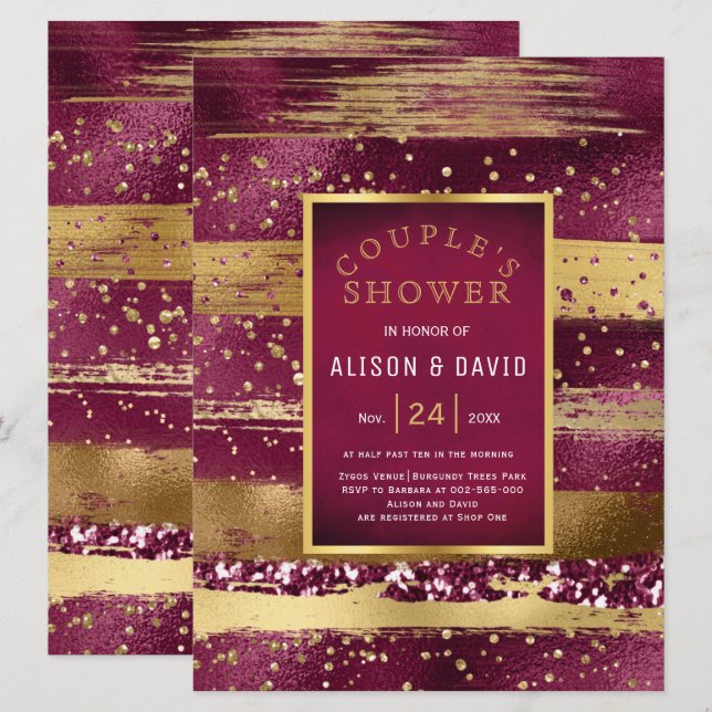 Gold and burgundy strokes wedding couple's shower invitation (Front/Back)