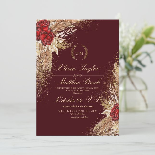 Gold and Burgundy Watercolor Elegant Flora Wedding Invitation (Standing Front)