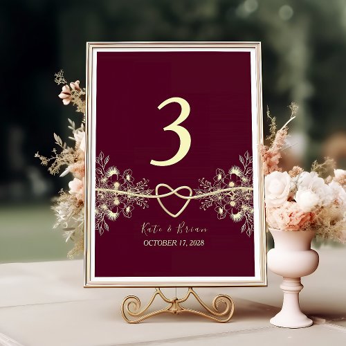 Gold and Burgundy Wedding Table Number