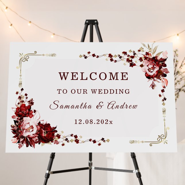 Gold and Burgundy Wedding Welcome Sign (In Situ (Stand))