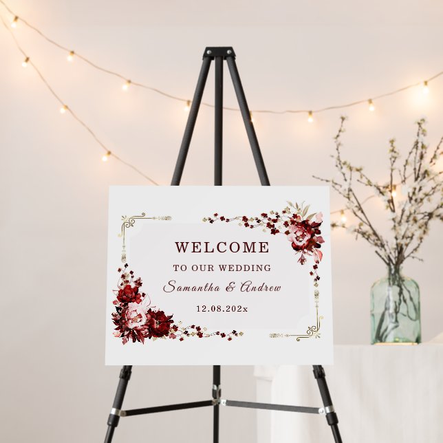 Gold and Burgundy Wedding Welcome Sign (In Situ (Stand))