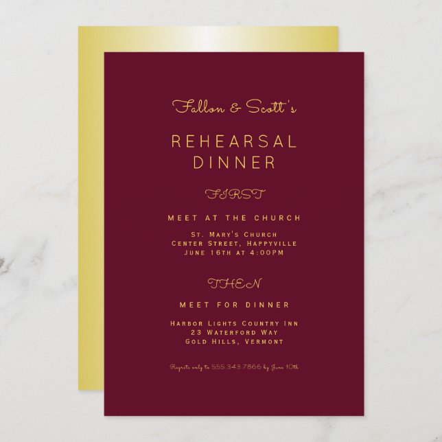 Gold and Burgundy Wine Rehearsal Dinner Invitation (Front/Back)