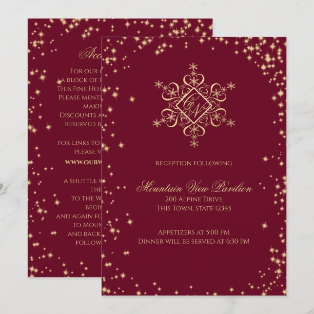 Gold and Burgundy Winter Snowflakes Information Invitation (Front/Back)