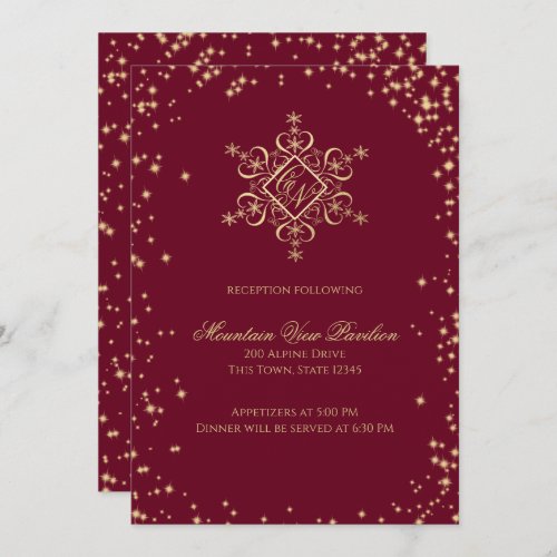 Gold and Burgundy Winter Snowflakes Information Invitation